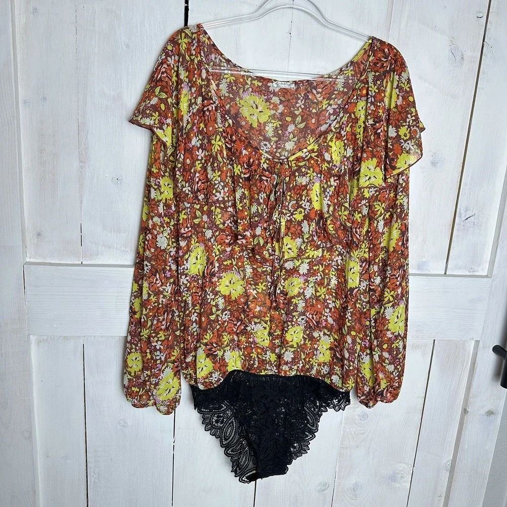 NWOT Free People Say It To Me Bodysuit‎ Sz Large Red Sienna Floral Long Sleeve